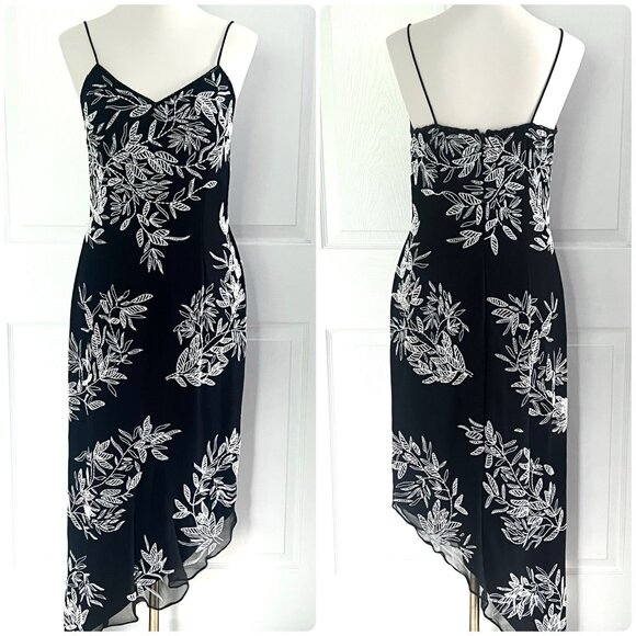 Y2K Sean Collection 100% Silk Black Beaded Asymmetrical Hem Midi Dress Womens M - Picture 1 of 6
